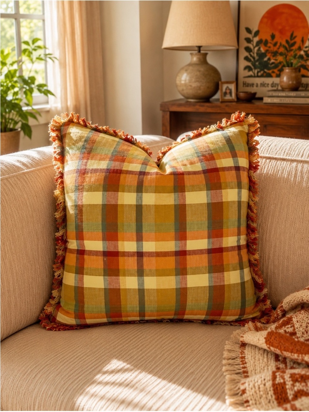 Vintage Flannel Check Orange Fringe Accent Throw Pillow Fall Halloween decor